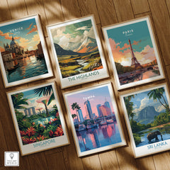 Tampa Florida Travel Poster | Marina Harbor & Skyline Wall Art Print among other travel posters displayed in frames.