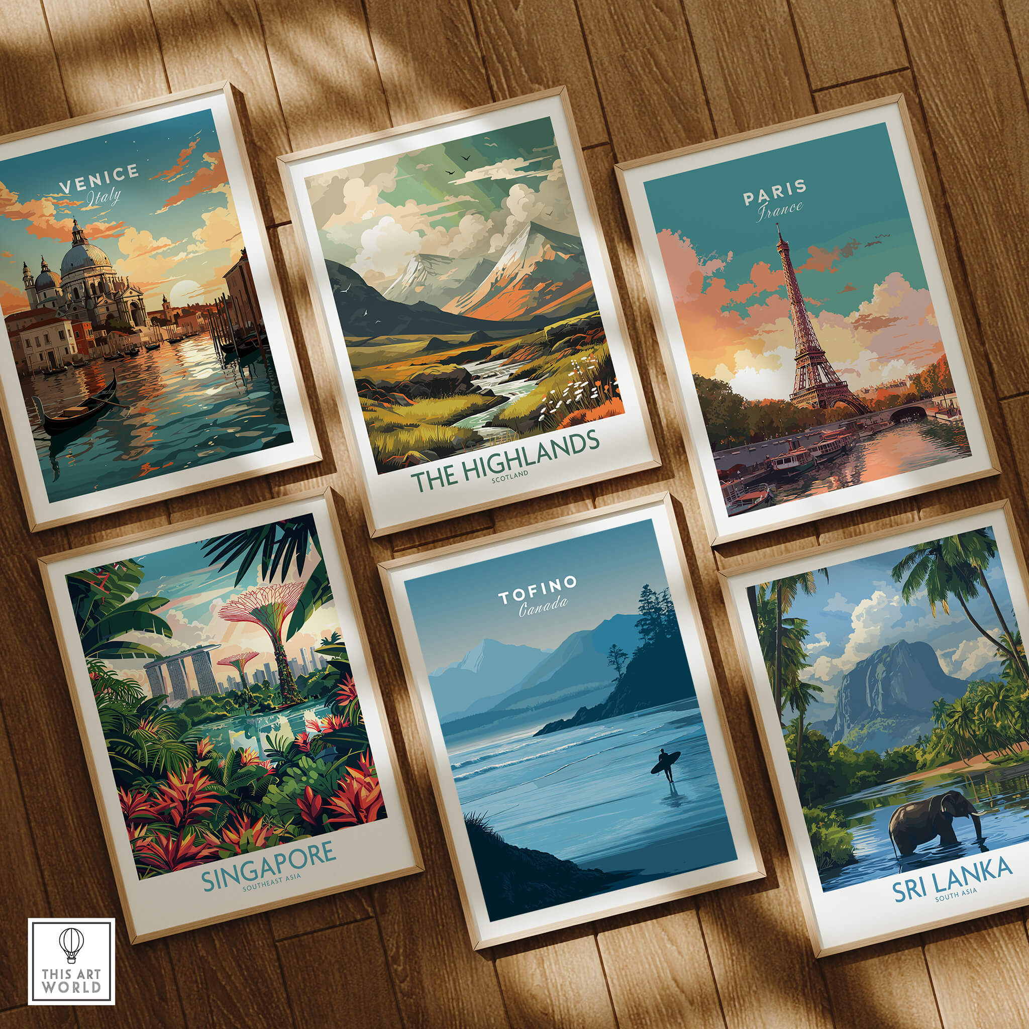 Tofino Canada Travel Poster | Pacific Coast Surfer Wall Art Print displayed among other travel posters.