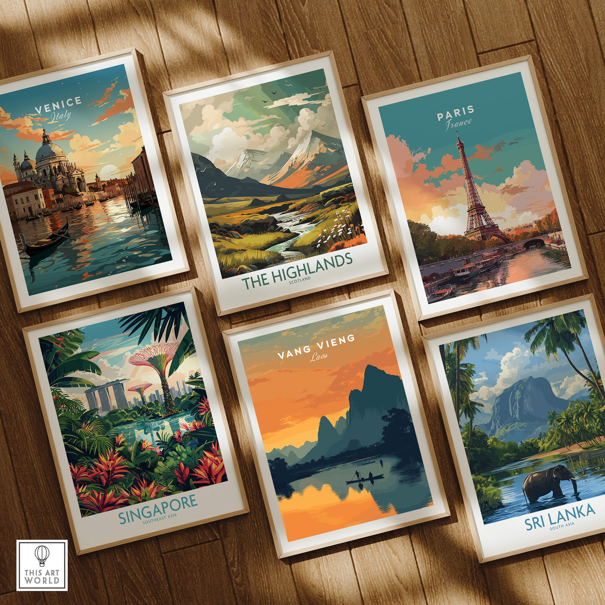 Vang Vieng Laos Travel Poster | Nam Song River Sunset Wall Art Print displayed among travel posters of global destinations.