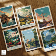 Set of six framed travel posters featuring Venice, Paris, Singapore, Highlands, Windsor, and Sri Lanka, displayed on a wooden floor.