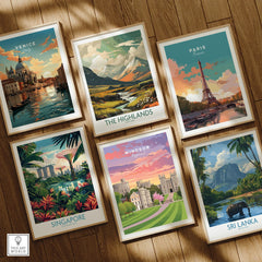 Set of six framed travel art prints featuring Venice, the Highlands, Paris, Singapore, Windsor, and Sri Lanka on a wooden floor.