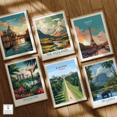 Set of six framed travel posters on wooden floor featuring Venice, Paris, Highlands, Singapore, Windsor, and Sri Lanka.