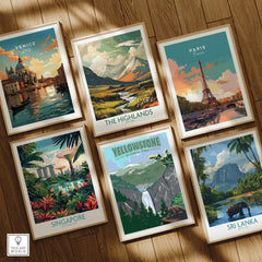Set of six framed travel posters featuring Venice, Paris, Yellowstone, Singapore, Highlands, Sri Lanka on wooden floor.