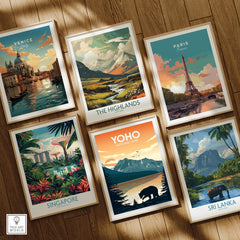 Set of six framed travel art prints featuring cities and national parks on wooden floor