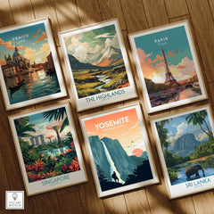 Set of six framed travel posters featuring Venice, Paris, Yosemite, Singapore, Sri Lanka, and the Highlands, displayed on a wooden floor.