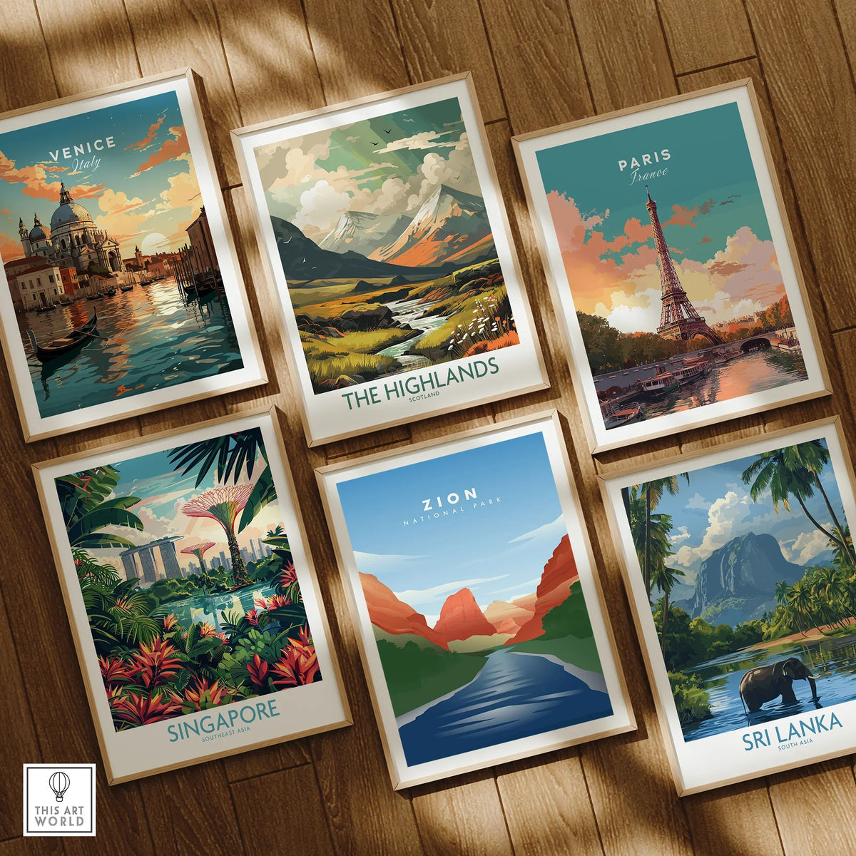 Set of six framed travel posters featuring Venice, Paris, Highlands, Singapore, Zion, Sri Lanka on wooden floor