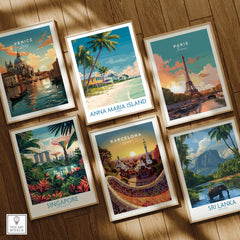 Set of six framed travel art prints featuring Venice, Paris, Anna Maria Island, Singapore, Barcelona, and Sri Lanka, displayed on a wooden floor.