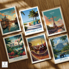 Set of six framed travel art prints featuring Venice, Anna Maria Island, Paris, Singapore, Barcelona, and Sri Lanka on a wooden floor.