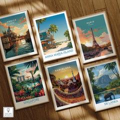 Set of six framed travel posters featuring Venice, Anna Maria Island, Paris, Singapore, Barcelona, and Sri Lanka on a wooden floor.