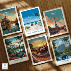 Set of six framed travel posters on wooden floor featuring Venice, Anna Maria Island, Paris, Singapore, Barcelona, and Sri Lanka scenic wall art.