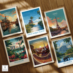Set of six framed travel art prints featuring Venice, Anna Maria Island, Paris, Singapore, Barcelona, and Sri Lanka on a wooden floor.