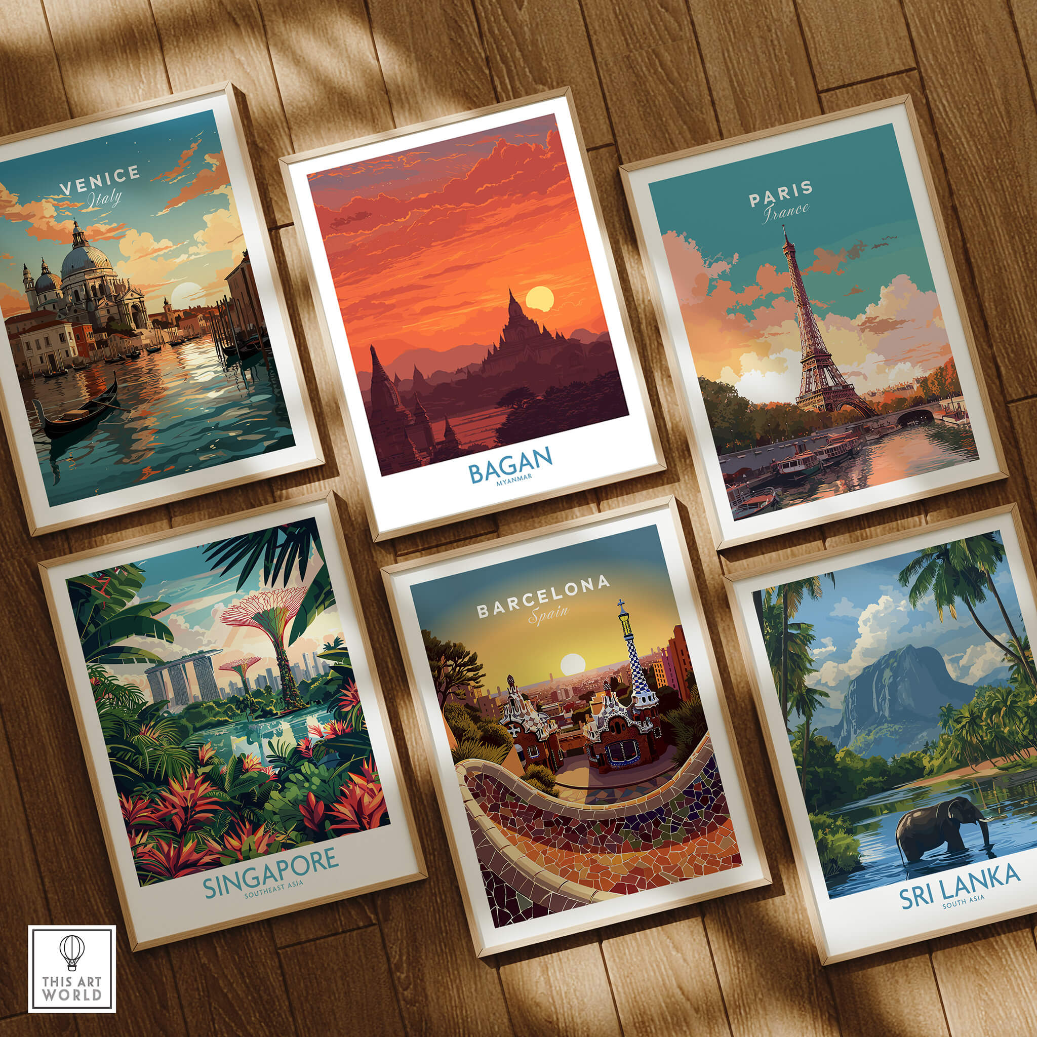 Bagan Myanmar Wall Art – Buddhist Pagoda Skyline Canvas Print and other travel artworks displayed in a gallery setting.