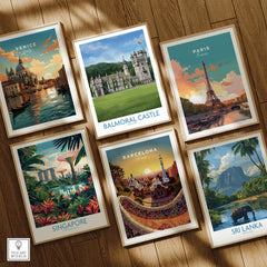 Set of six framed travel and city skyline art prints on wooden floor, featuring Venice, Balmoral Castle, Paris, Singapore, Barcelona, and Sri Lanka.