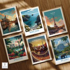 Berry Head Devon Print – Rocky Cliffs and Turquoise Sea Wall Decor displayed among travel-themed prints.