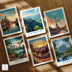 Set of six framed travel posters featuring Venice, Blue Mountains, Paris, Singapore, Barcelona, and Sri Lanka, displayed on natural wood floor.