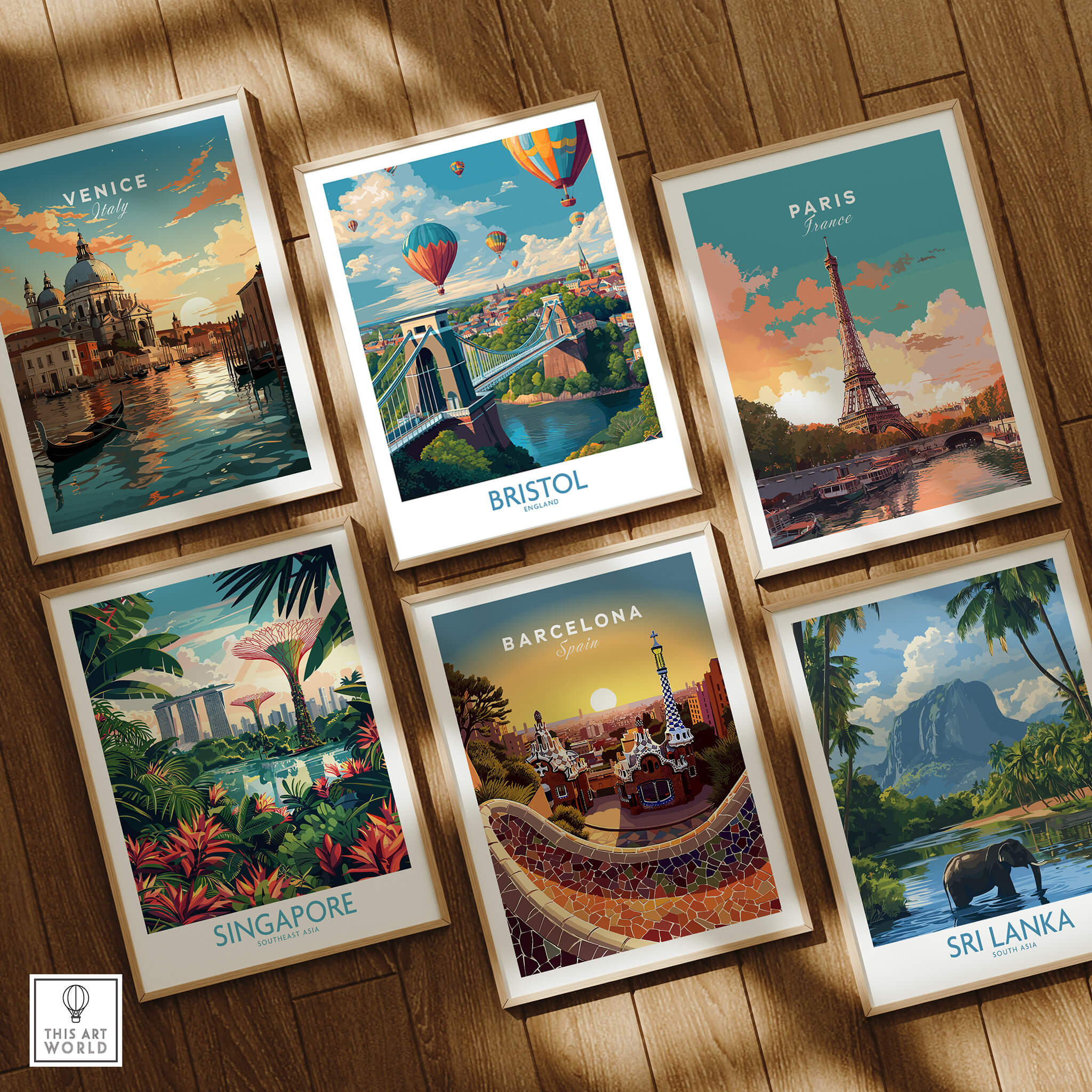 Bristol England Print – Hot Air Balloons Over Historic City Wall Art featuring various city prints in a gallery display.