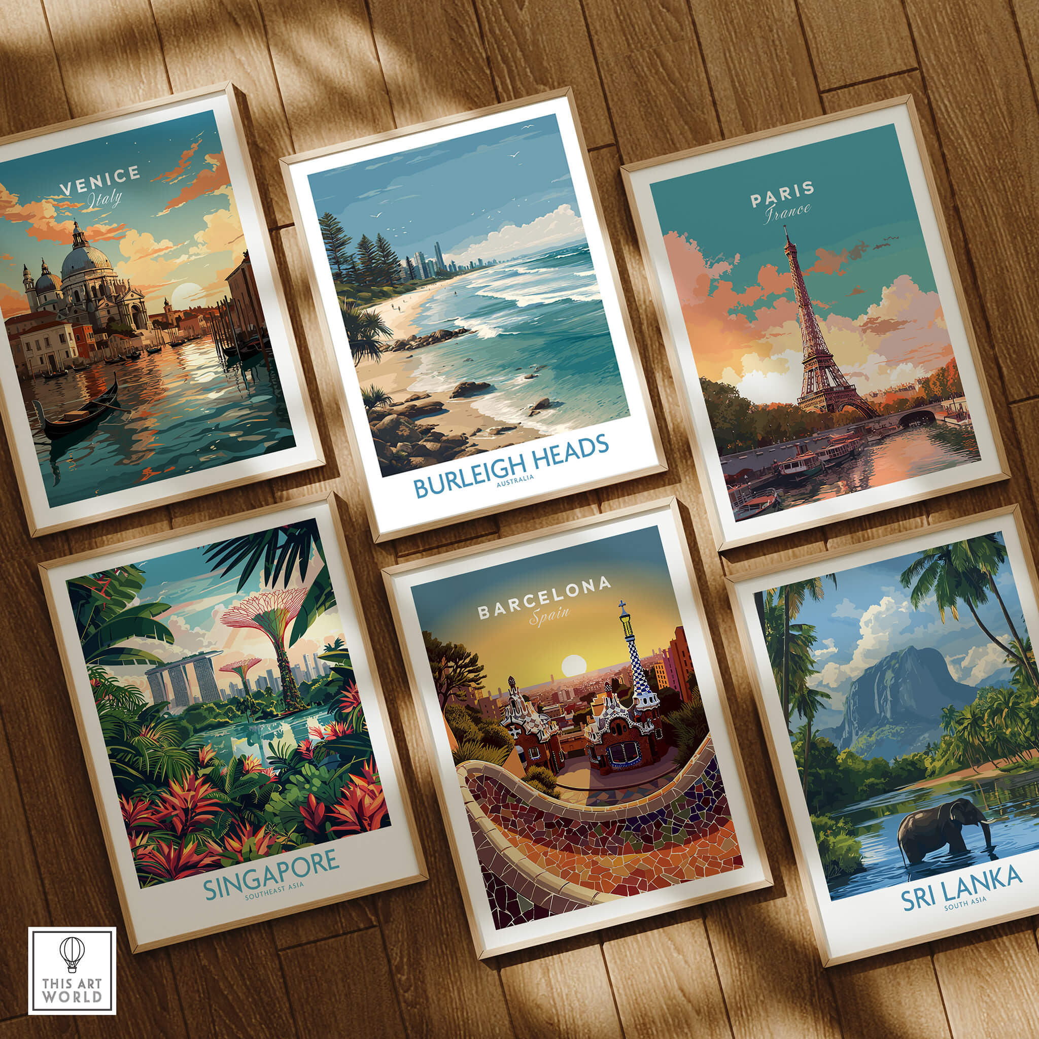 Burleigh Heads Travel Poster - Canvas Print among other travel posters including Venice, Paris, Singapore, Barcelona, and Sri Lanka.