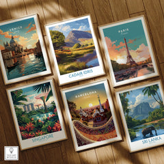 Set of six framed travel art prints on wooden floor featuring Venice, Cadair Idris, Paris, Singapore, Barcelona, and Sri Lanka landscapes.