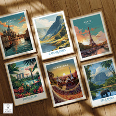 Set of six framed travel posters, including Venice, Paris, Singapore, Barcelona, Cadair Idris, Sri Lanka, on wooden floor