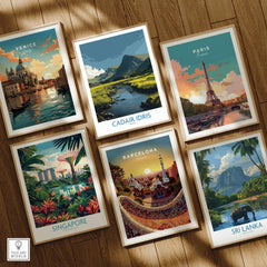 Set of six framed travel posters featuring Venice, Cadair Idris, Paris, Singapore, Barcelona, Sri Lanka on a wooden floor.