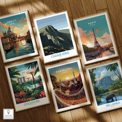 Set of six framed travel posters for Venice, Cadair Idris, Paris, Singapore, Barcelona, and Sri Lanka on a wooden floor