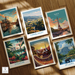 Set of six framed travel art prints featuring Venice, Carmel Valley, Paris, Singapore, Barcelona, and Sri Lanka on a wooden floor.