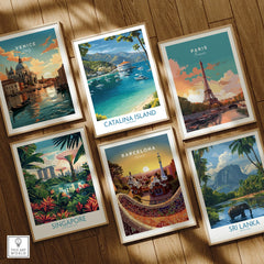 Set of six framed travel art prints featuring Venice, Catalina Island, Paris, Singapore, Barcelona, and Sri Lanka, displayed on a wooden floor.