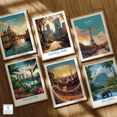 Set of six framed travel art prints featuring Venice, Central Park, Paris, Singapore, Barcelona, and Sri Lanka on a wooden floor.