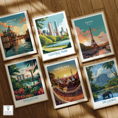 Set of six framed travel posters featuring Venice, Central Park, Paris, Singapore, Barcelona, and Sri Lanka on a wooden floor.