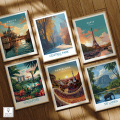 Set of six framed travel posters featuring Venice, Central Park, Paris, Singapore, Barcelona, and Sri Lanka, displayed on a wooden floor.