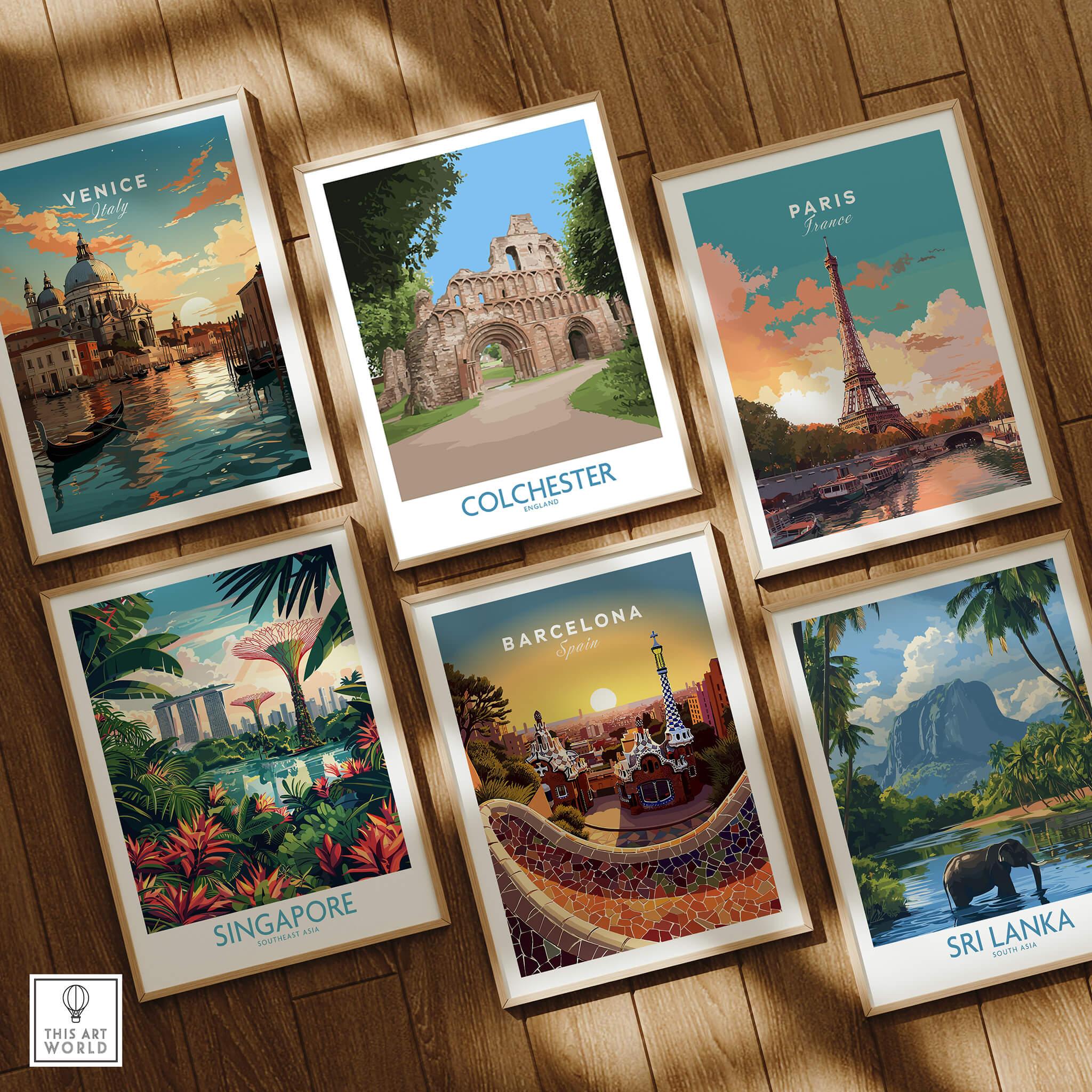 Six framed travel poster art prints of Venice, Colchester, Paris, Singapore, Barcelona, and Sri Lanka on wooden floor