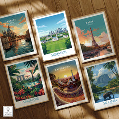 Set of six framed travel art prints featuring Venice, Greenwich, Paris, Singapore, Barcelona, and Sri Lanka on a wooden floor.