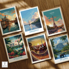 Set of six framed travel posters with city and nature artwork on a wooden floor