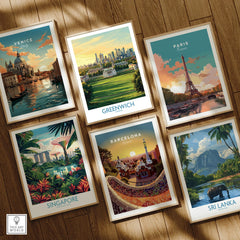Set of six framed travel art prints featuring Venice, Greenwich, Paris, Singapore, Barcelona, and Sri Lanka on a wooden floor.
