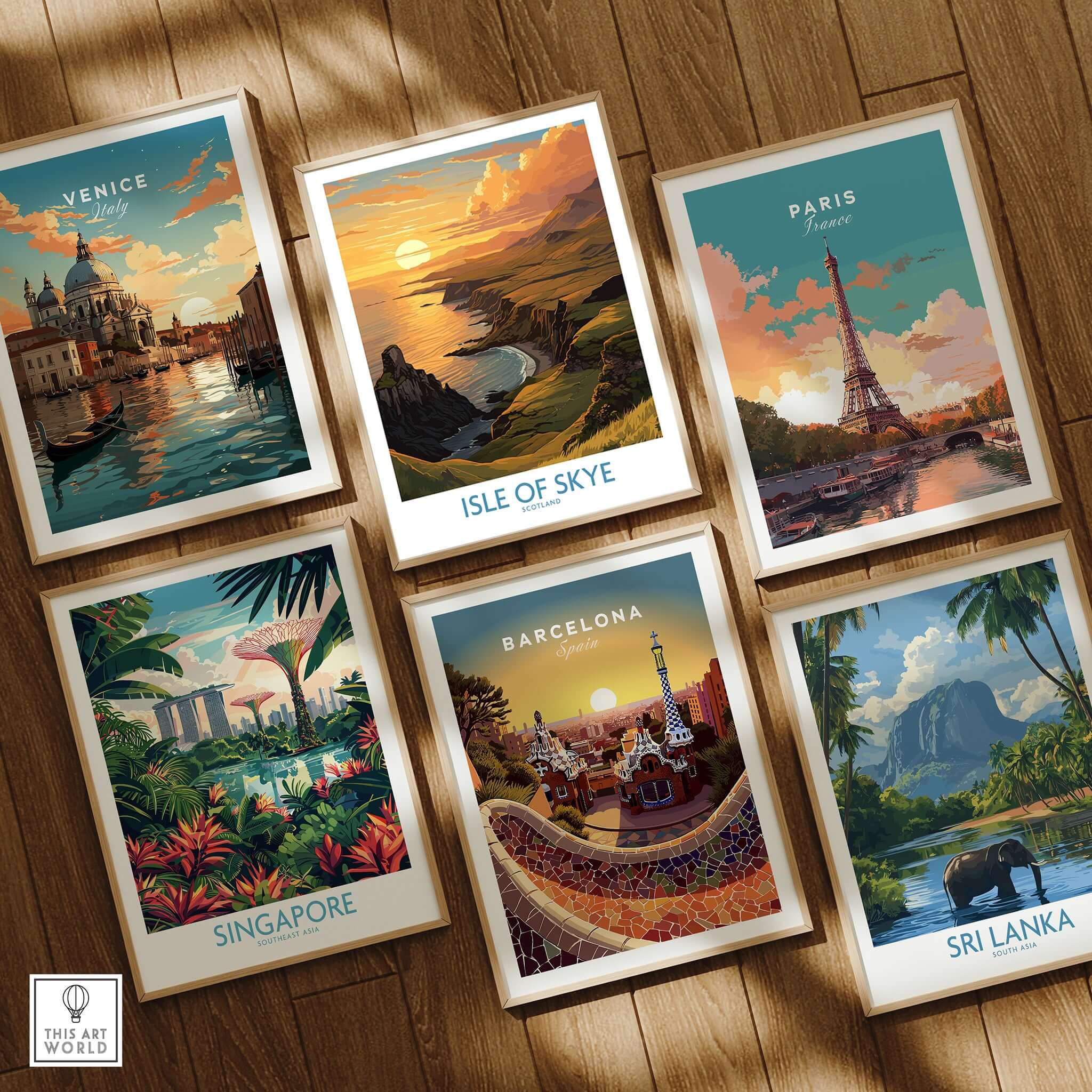 Collection of vibrant travel wall art prints featuring Venice, Isle of Skye, Paris, Barcelona, Singapore, and Sri Lanka.