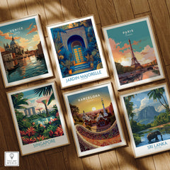 Jardim Majorelle Marrakesh Posters | Detailed Blue Architecture Canvas Print featuring various travel-themed posters