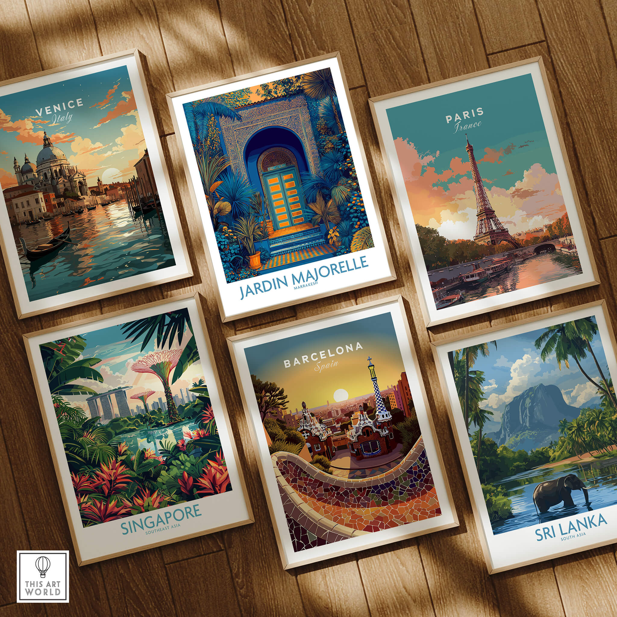 Jardim Majorelle Marrakesh Posters | Detailed Blue Architecture Canvas Print featuring various travel-themed posters