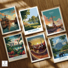 Set of six framed travel art prints featuring Venice, Paris, Singapore, Barcelona, Kew Gardens, and Sri Lanka, displayed on a wooden floor.