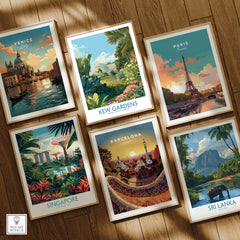 Set of six framed travel posters featuring Venice, Kew Gardens, Paris, Singapore, Barcelona, and Sri Lanka on a wooden floor.