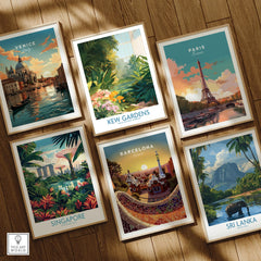 Six framed travel posters featuring Venice, Kew Gardens, Paris, Singapore, Barcelona, and Sri Lanka on a wooden floor.