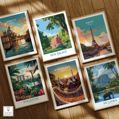 Set of six framed travel posters featuring Venice, Paris, Singapore, Barcelona, Kew Palace, and Sri Lanka, displayed on a wooden floor.