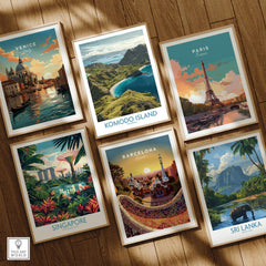 Set of six framed travel posters featuring Venice, Komodo Island, Paris, Singapore, Barcelona, and Sri Lanka on a wooden floor.