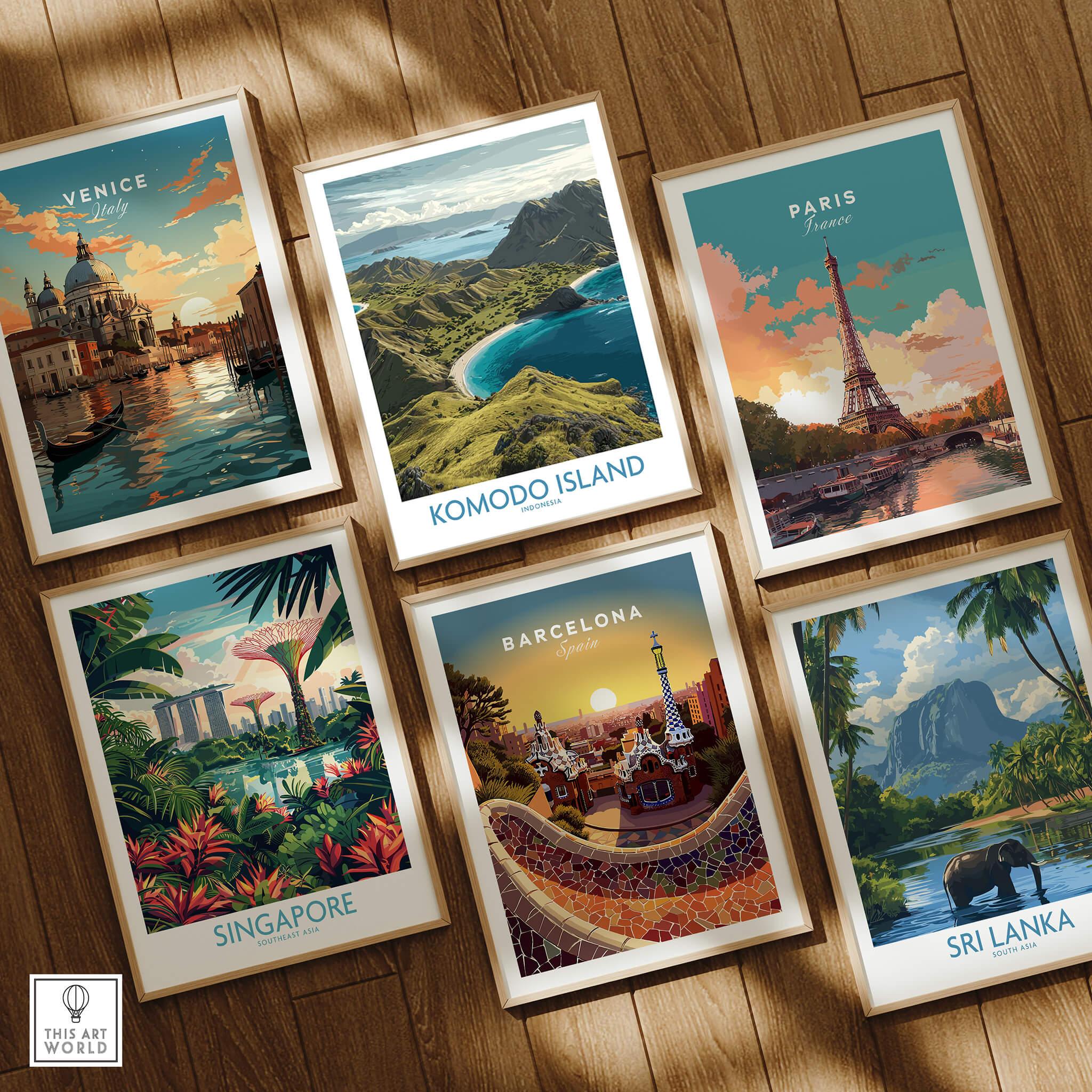 Set of six framed travel posters featuring Venice, Komodo Island, Paris, Singapore, Barcelona, and Sri Lanka on a wooden floor.