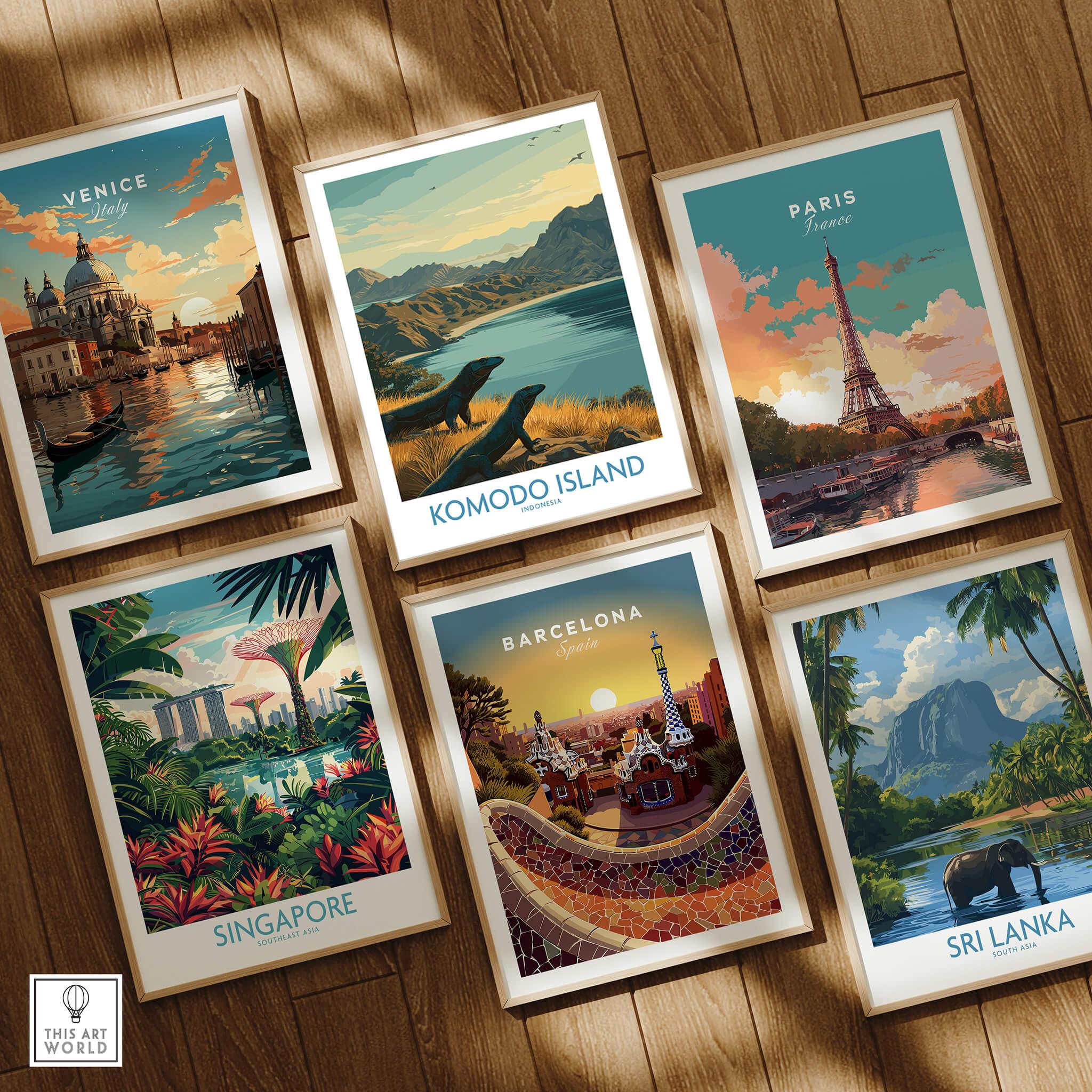 Set of six framed travel posters featuring Venice, Komodo Island, Paris, Singapore, Barcelona, and Sri Lanka, arranged on a wooden floor.