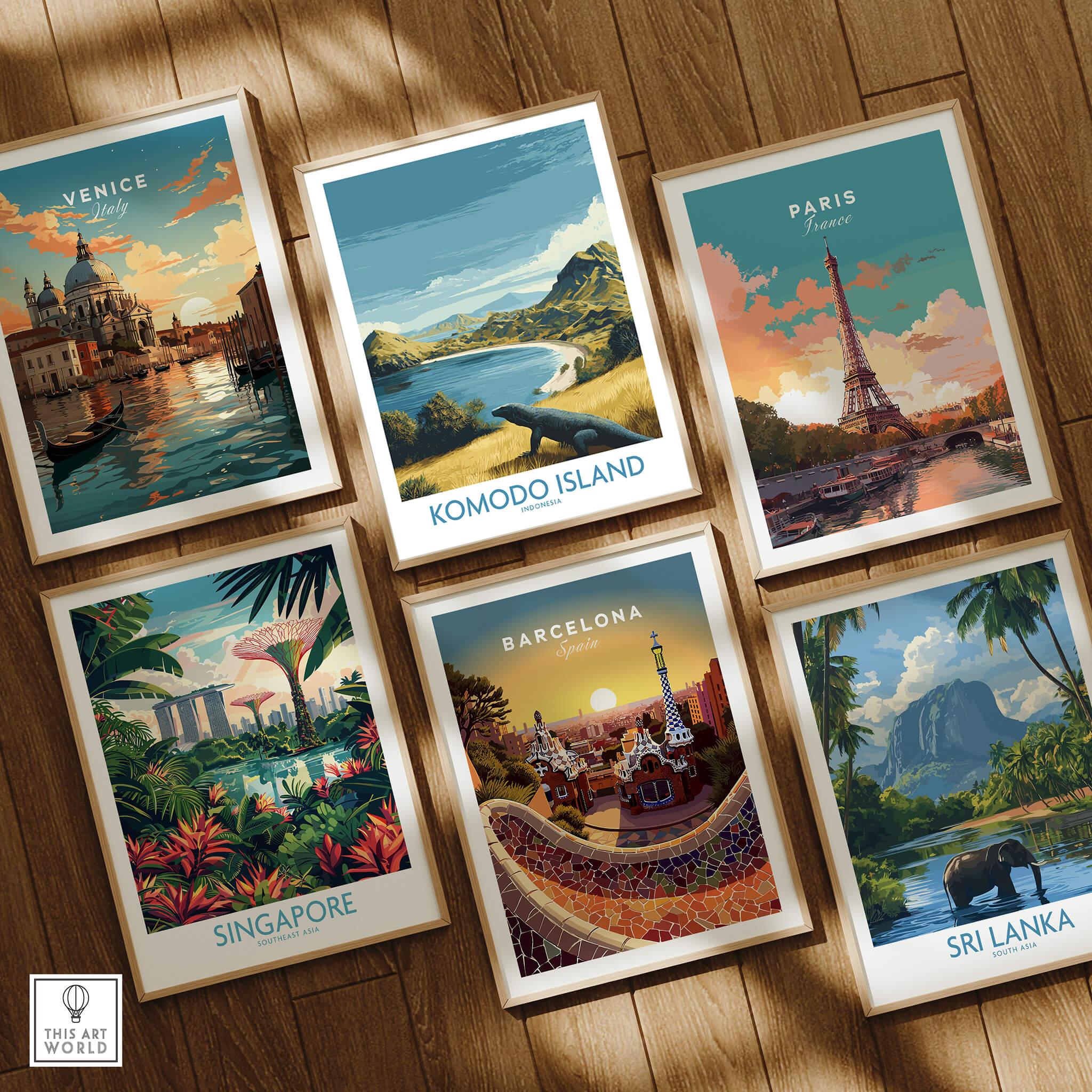 Set of six framed travel posters featuring Venice, Komodo Island, Paris, Singapore, Barcelona, and Sri Lanka on wooden floor