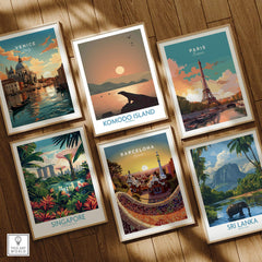 Set of six framed travel posters for Venice, Komodo Island, Paris, Singapore, Barcelona, Sri Lanka on wooden floor