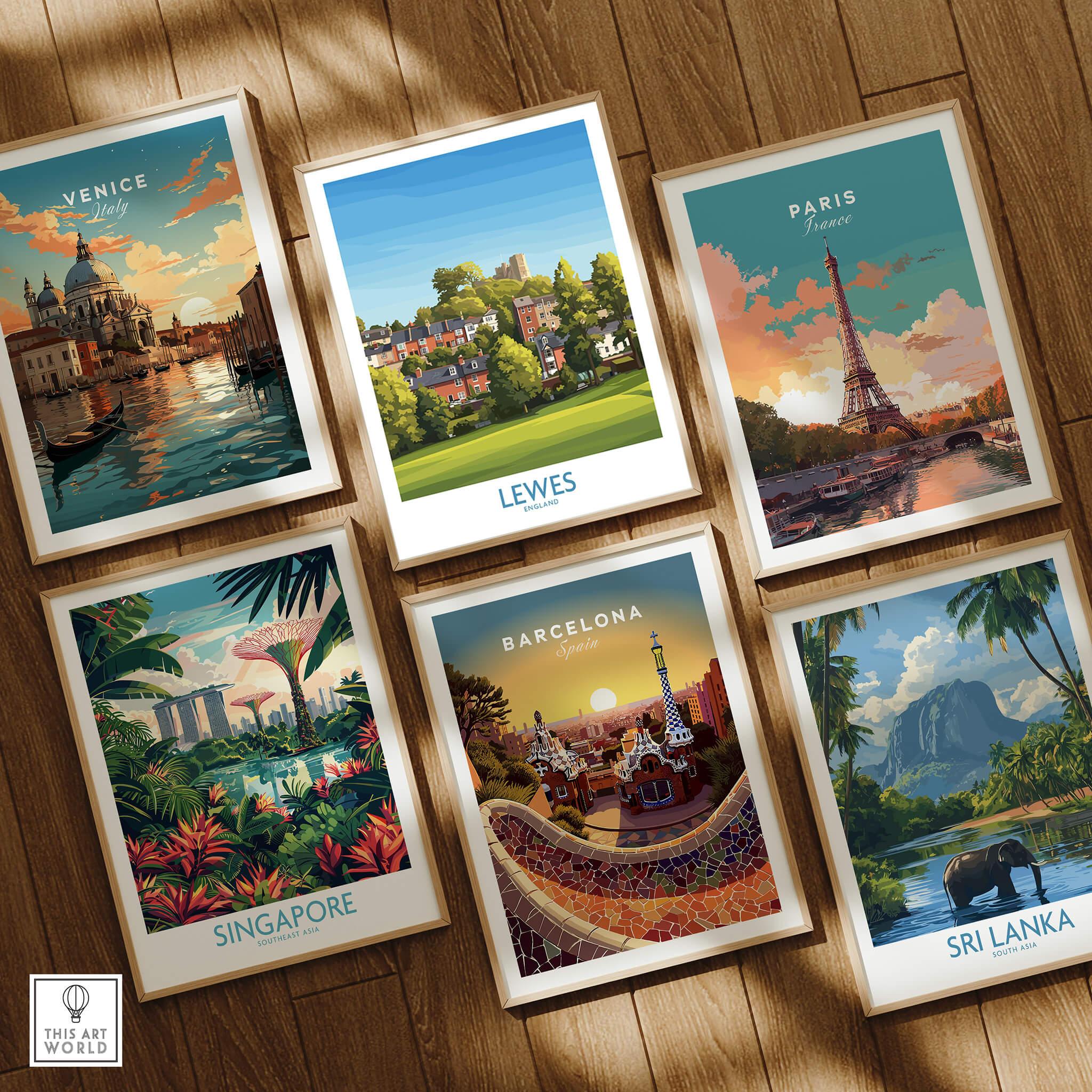 Set of six framed travel posters featuring Venice, Lewes, Paris, Singapore, Barcelona, and Sri Lanka on wooden floor.