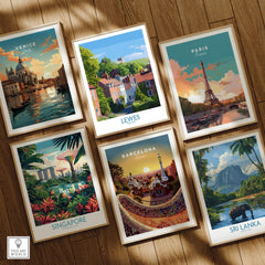 Set of six framed travel posters featuring Venice, Lewes, Paris, Singapore, Barcelona, and Sri Lanka.