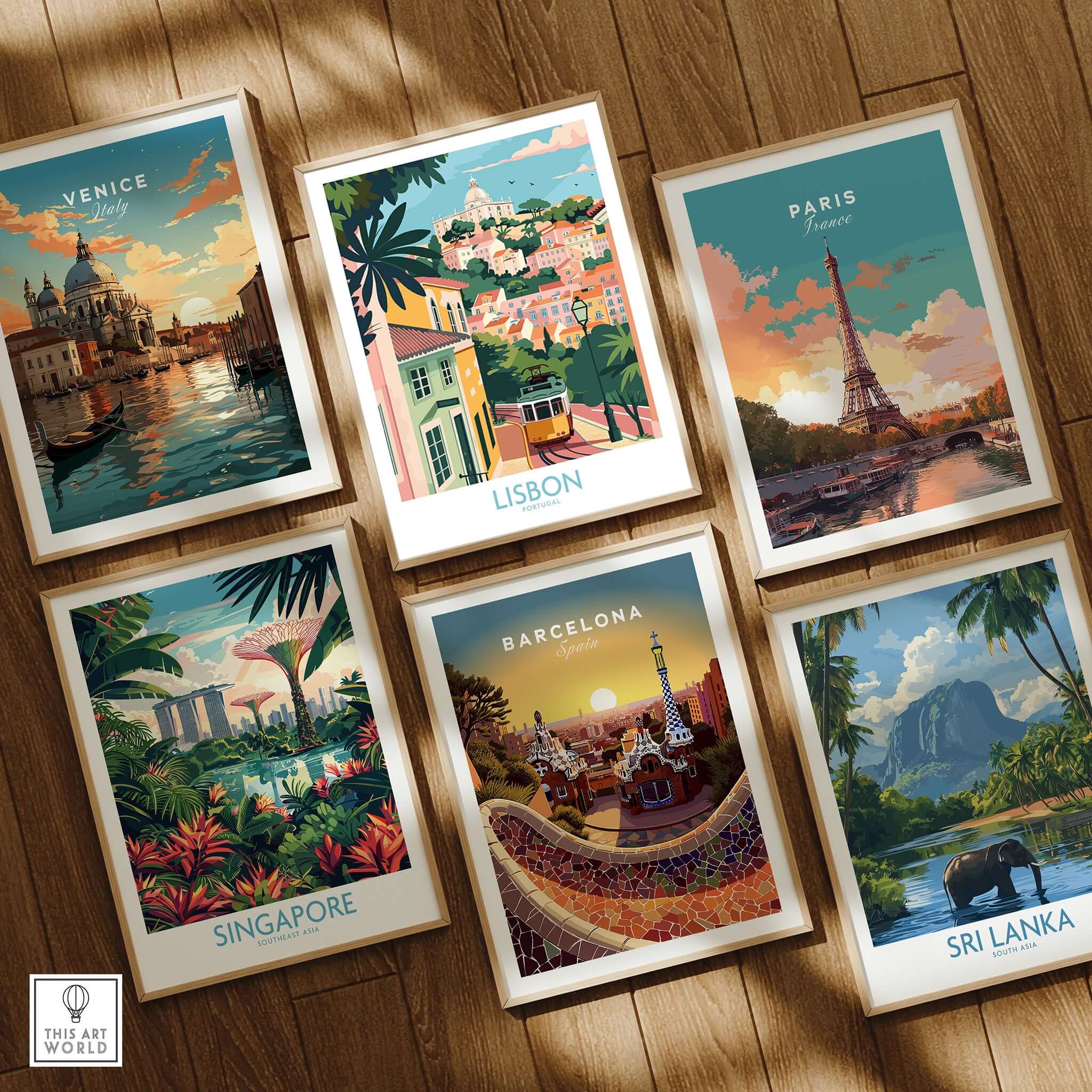 Lisbon Art Travel Print featuring vibrant pastel colors and iconic landmarks among other travel prints.