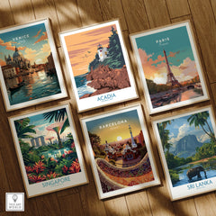 Set of six framed travel art prints featuring Venice, Paris, Acadia, Singapore, Barcelona, Sri Lanka